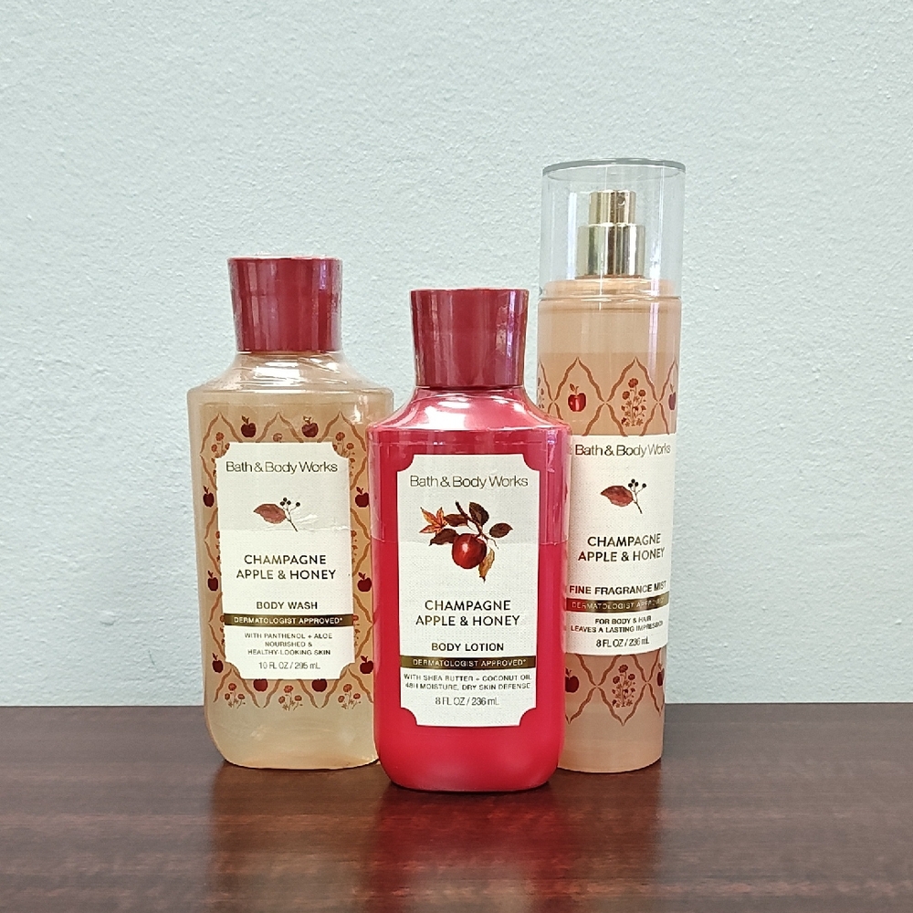 Bath & Body Works CHAMPAGNE APPLE & HONEY 3 Piece Body Care Bundle Set